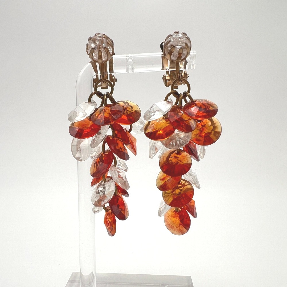 Vintage Lucite Cluster Clip On Earrings Amber Orange Clear Faceted MCM Retro